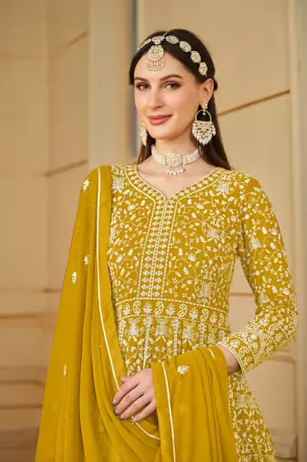 Yellow embroidered faux georgette anarkali suit