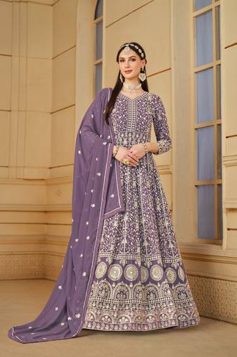 Yellow embroidered faux georgette semi stitched anarkali suit