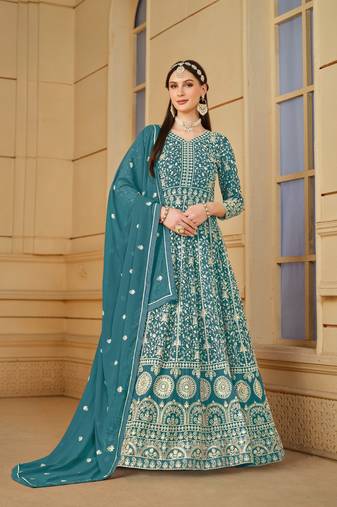 Yellow embroidered faux georgette semi stitched anarkali suit