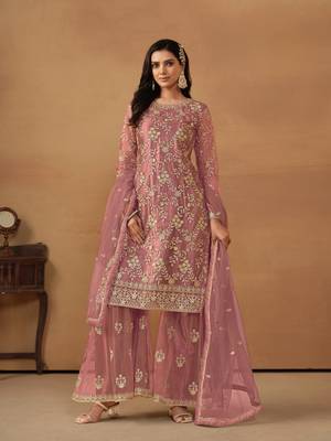 Pink embroidered net salwar suit 1