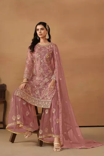 Pink embroidered net salwar suit