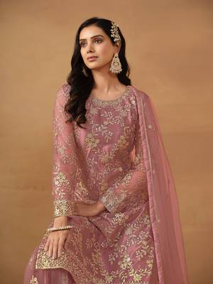 Pink embroidered net salwar suit 3