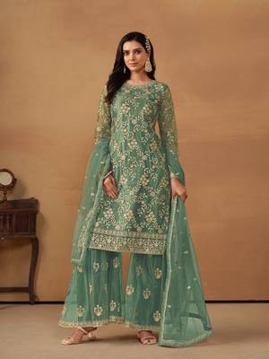 Green embroidered net semi stitched salwar suit 1