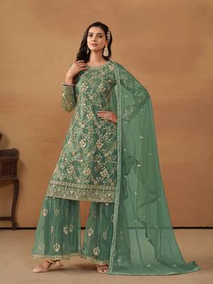 Green embroidered net semi stitched salwar suit 2