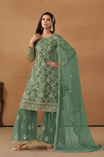 Green embroidered net salwar suit