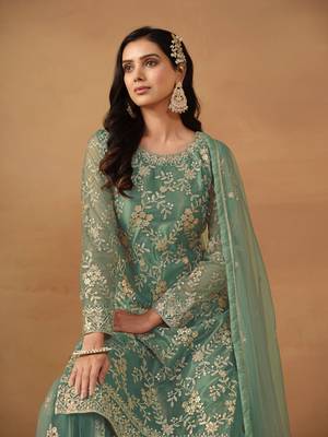 Green embroidered net semi stitched salwar suit 3