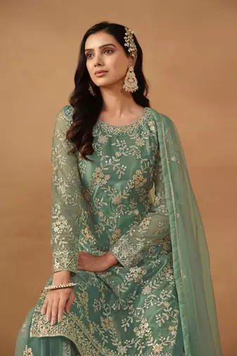Green embroidered net salwar suit