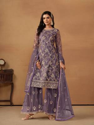 Purple embroidered net salwar suit 1