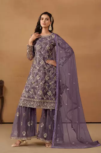 Purple embroidered net salwar suit