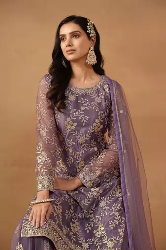 Purple embroidered net salwar suit