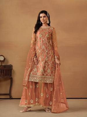 Brown embroidered net semi stitched salwar suit 1