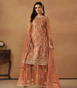 Brown embroidered net semi stitched salwar suit