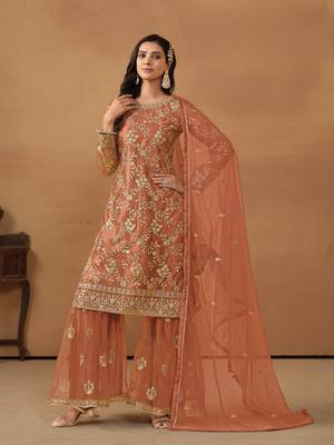 Brown embroidered net semi stitched salwar suit 2