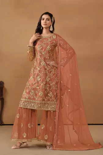 Brown embroidered net semi stitched salwar suit
