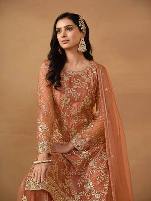 Brown embroidered net semi stitched salwar suit 3