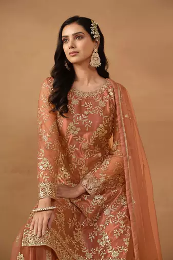 Brown embroidered net semi stitched salwar suit