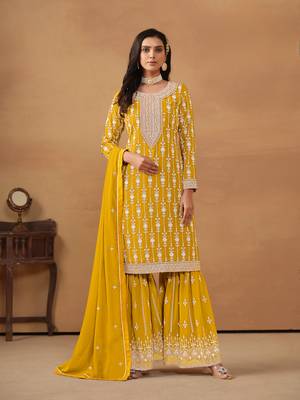 Yellow embroidered faux georgette salwar suit 1