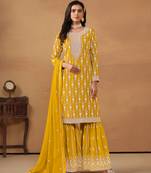 Yellow embroidered faux georgette semi stitched salwar suit