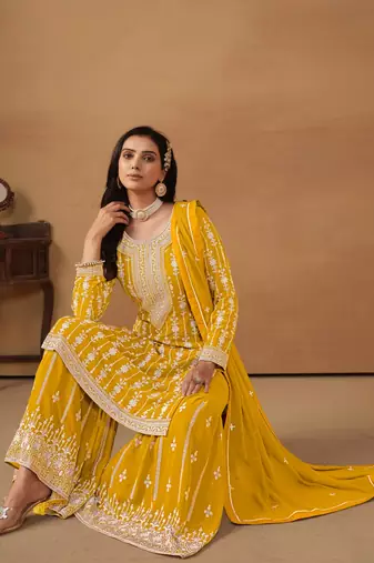 Yellow embroidered faux georgette salwar suit