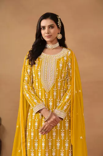 Yellow embroidered faux georgette salwar suit
