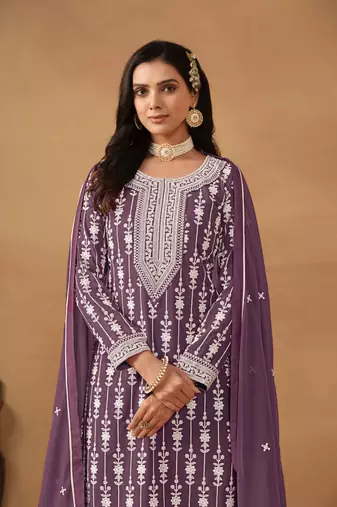 Purple embroidered faux georgette salwar suit