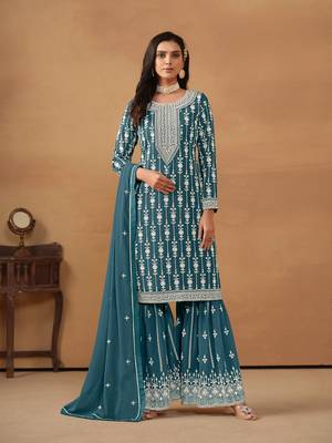 Teal embroidered faux georgette salwar suit 1
