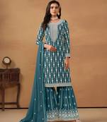 Teal embroidered faux georgette semi stitched salwar suit