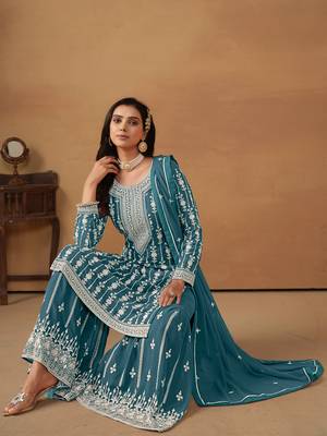 Teal embroidered faux georgette salwar suit 2