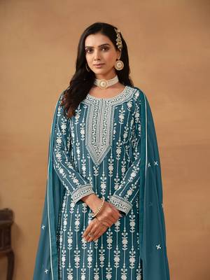 Teal embroidered faux georgette salwar suit 3