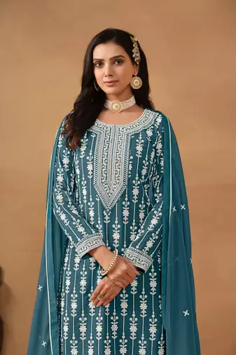 Teal embroidered faux georgette salwar suit