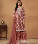 Brown embroidered faux georgette semi stitched salwar suit