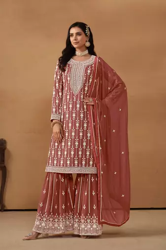 Brown embroidered faux georgette salwar suit