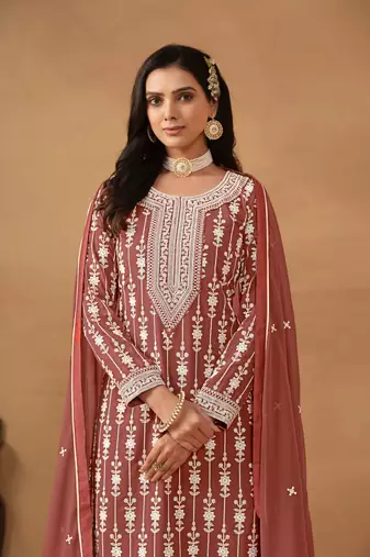 Brown embroidered faux georgette salwar suit