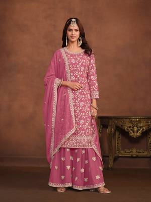 Pink embroidered faux georgette salwar suit 1
