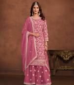 Pink embroidered faux georgette semi stitched salwar suit