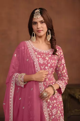 Pink embroidered faux georgette salwar suit