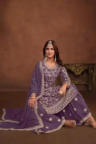 Lavender embroidered faux georgette salwar suit