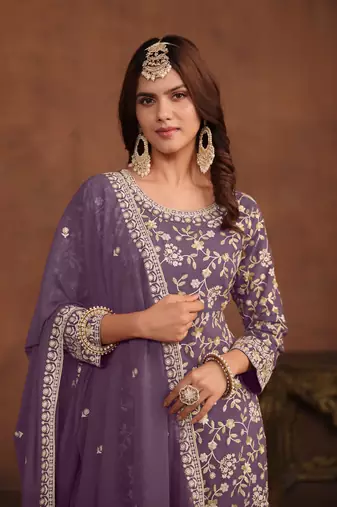 Lavender embroidered faux georgette salwar suit