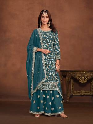 Teal embroidered faux georgette salwar suit 1