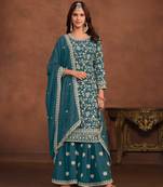 Teal embroidered faux georgette semi stitched salwar suit