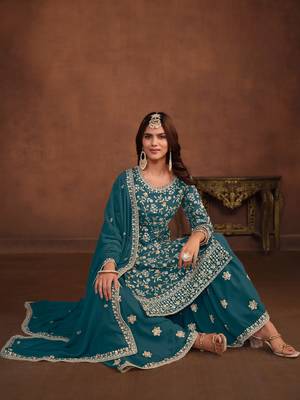 Teal embroidered faux georgette salwar suit 2