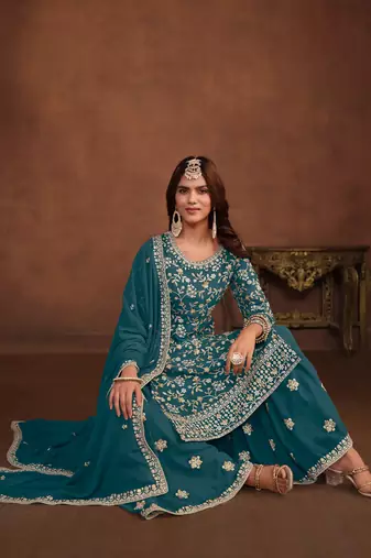 Teal embroidered faux georgette salwar suit