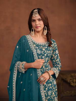 Teal embroidered faux georgette salwar suit 3