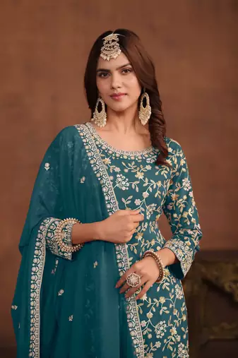 Teal embroidered faux georgette salwar suit