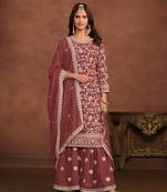 Brown embroidered faux georgette semi stitched salwar suit