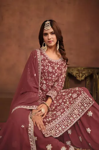 Brown embroidered faux georgette salwar suit