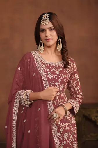Brown embroidered faux georgette salwar suit