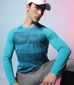 Men's aqua blue horizontal dramatic striped activewear t-shirt