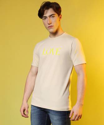 Campus sutra men's pale yellow printed oversized basic t-shirt 3