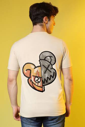 Campus sutra men's pale yellow printed oversized basic t-shirt